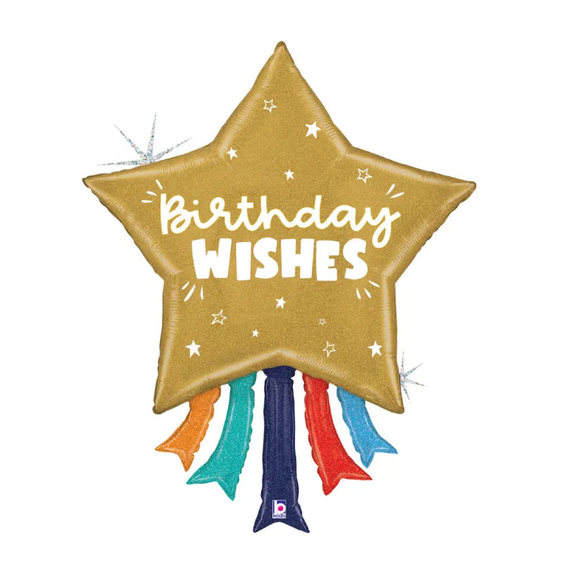 Gold star-shaped balloon with 'Birthday Wishes' text and colorful ribbons 