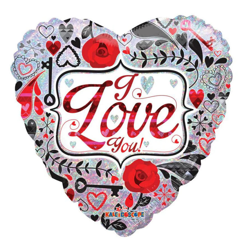 Heart-shaped balloon with 'I Love You!' text and floral designs 