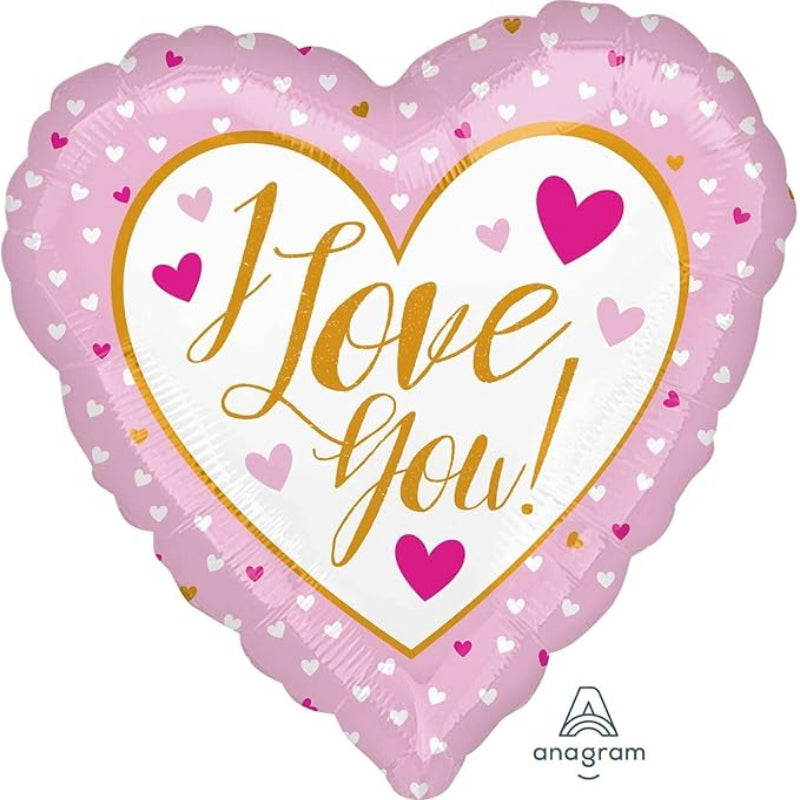 Heart-shaped balloon with 'I Love You!' text on a pink background, 