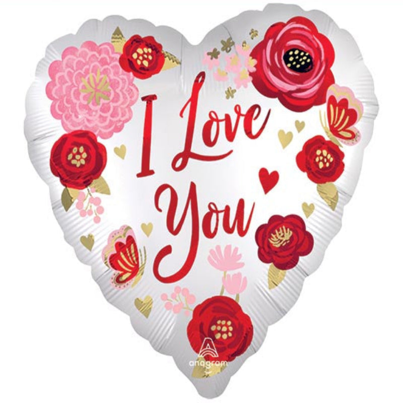 Heart-shaped balloon with floral design and 'I Love You' text