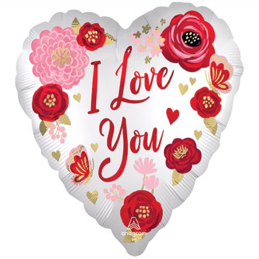 Heart-shaped balloon with floral design and 'I Love You' text