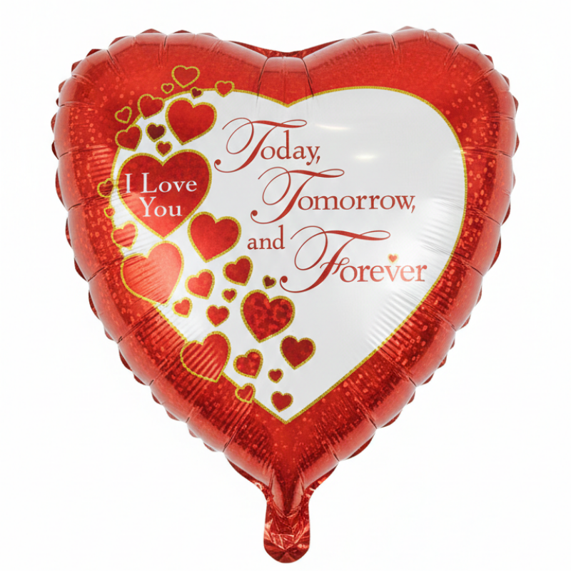 Heart-shaped red balloon with 'I Love You, Tomorrow, and Forever' 