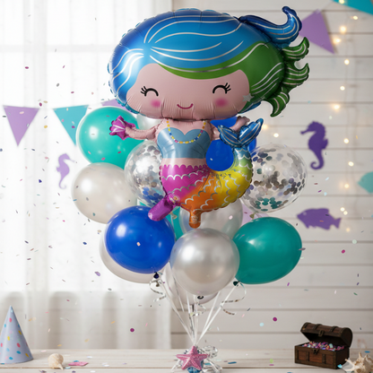 Mermaid-shaped balloon with colorful balloons on a decorative background