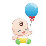 Cartoon baby holding a blue balloon with a red bow on a white background