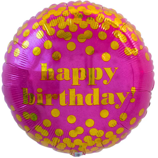 Pink balloon with gold polka dots and 'happy birthday!'