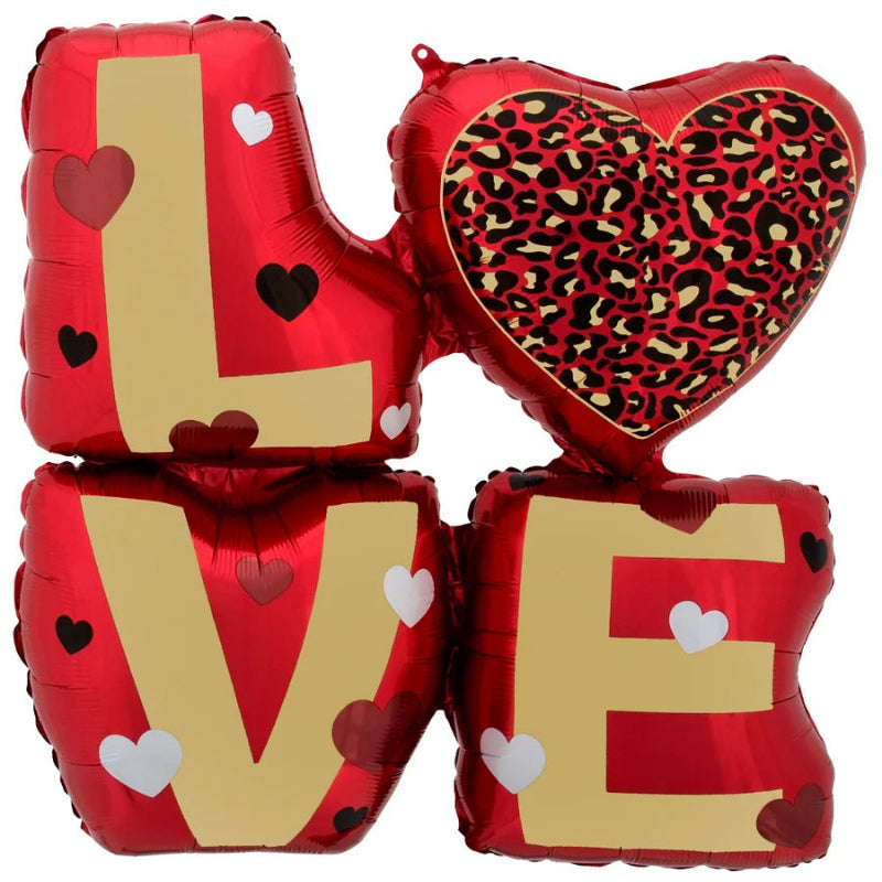 Red and gold 'LOVE' balloons with a heart shaped balloon featuring a leopard print design.