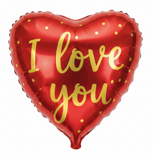 Red heart-shaped balloon with 'I love you' text 