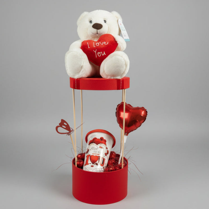 Stuffed animal with 'I Love You' heart, bottle, Mug and decorative elements  balloons for delivery in Verdun Beirut