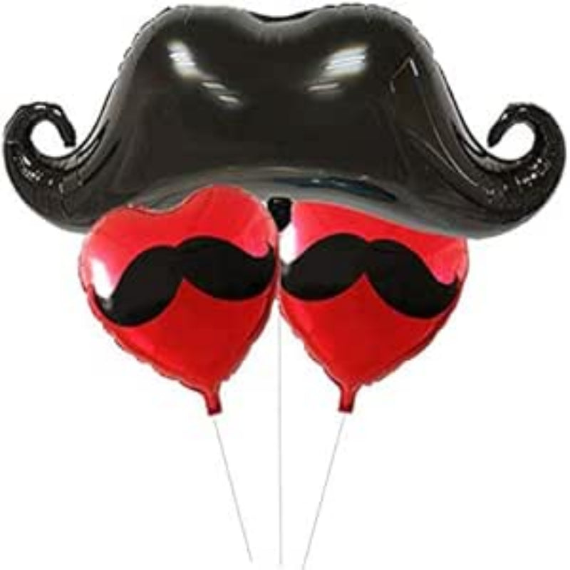Two red balloons with black mustache designs