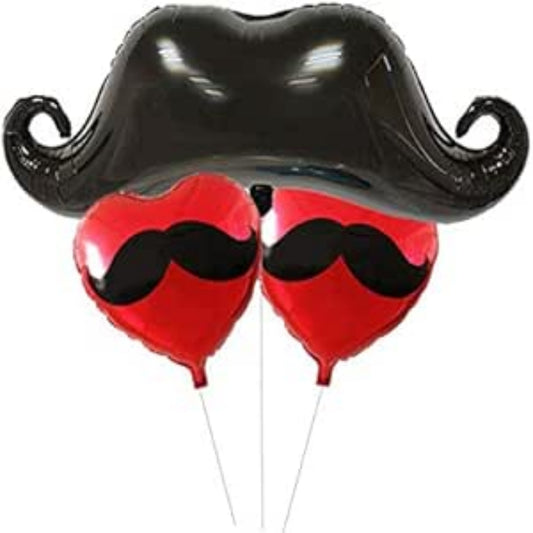 Two red balloons with black mustache designs