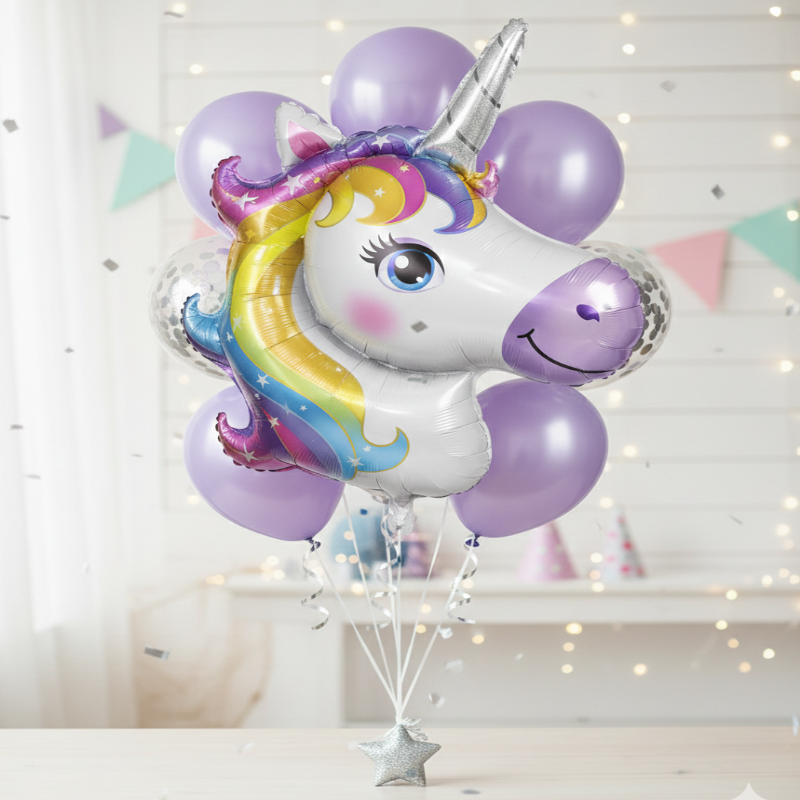 Unicorn-shaped balloon with purple balloons 