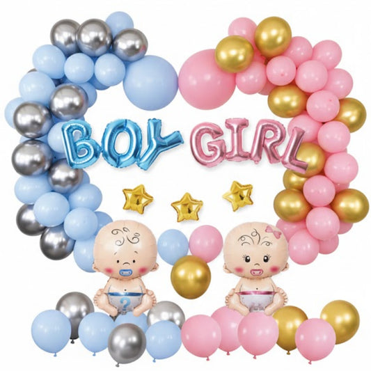 Balloon arch with 'BOY' and 'GIRL' text and baby figures on a white background