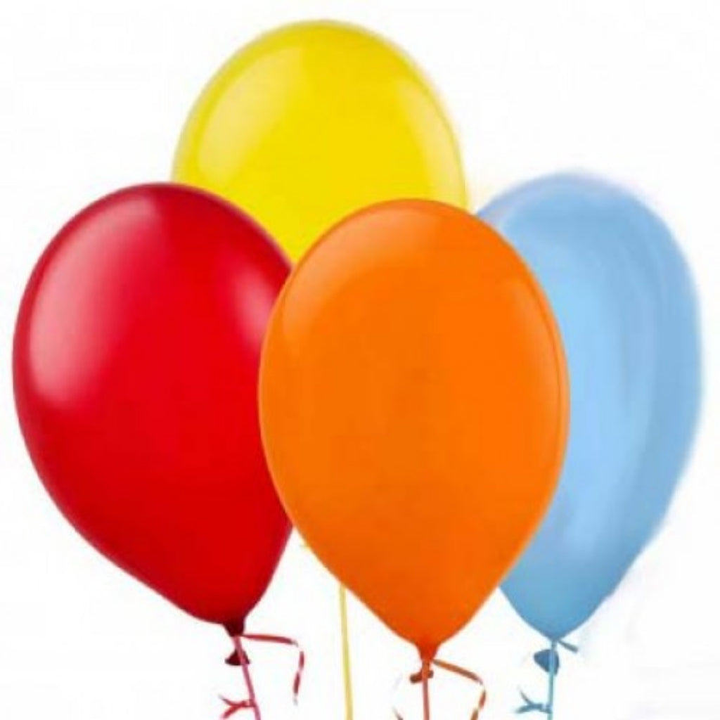 Four colorful balloons (red, yellow, orange, blue) on a white background