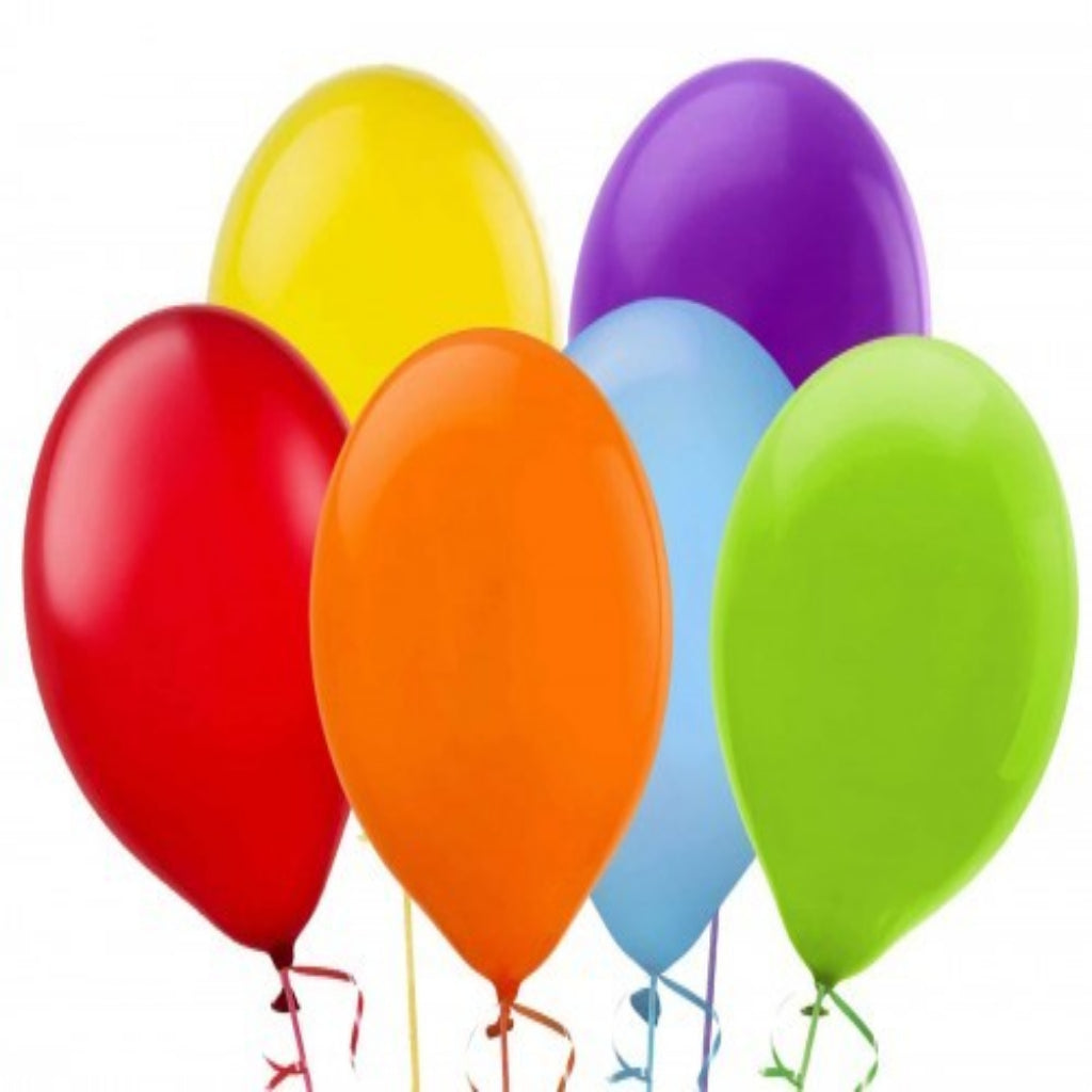 Colorful balloons in red, yellow, orange, blue, purple, and green on a white background