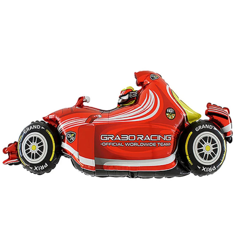 Red racing car-shaped balloon with 'Gra30 Racing' branding 