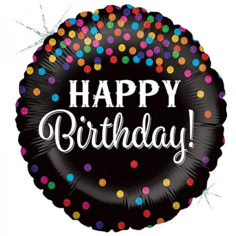 Round black balloon with colorful polka dots and 'Happy Birthday!' 