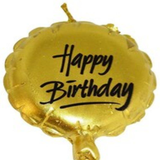 Gold balloon-shaped birthday candle with 'Happy Birthday'