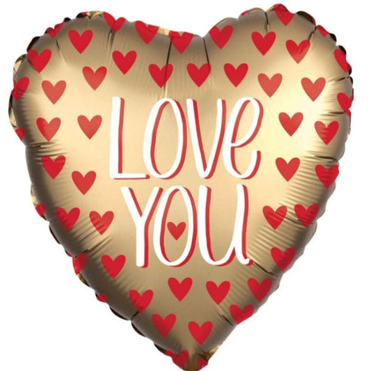 Heart-shaped balloon with 'LOVE YOU' text and red hearts on a gold background