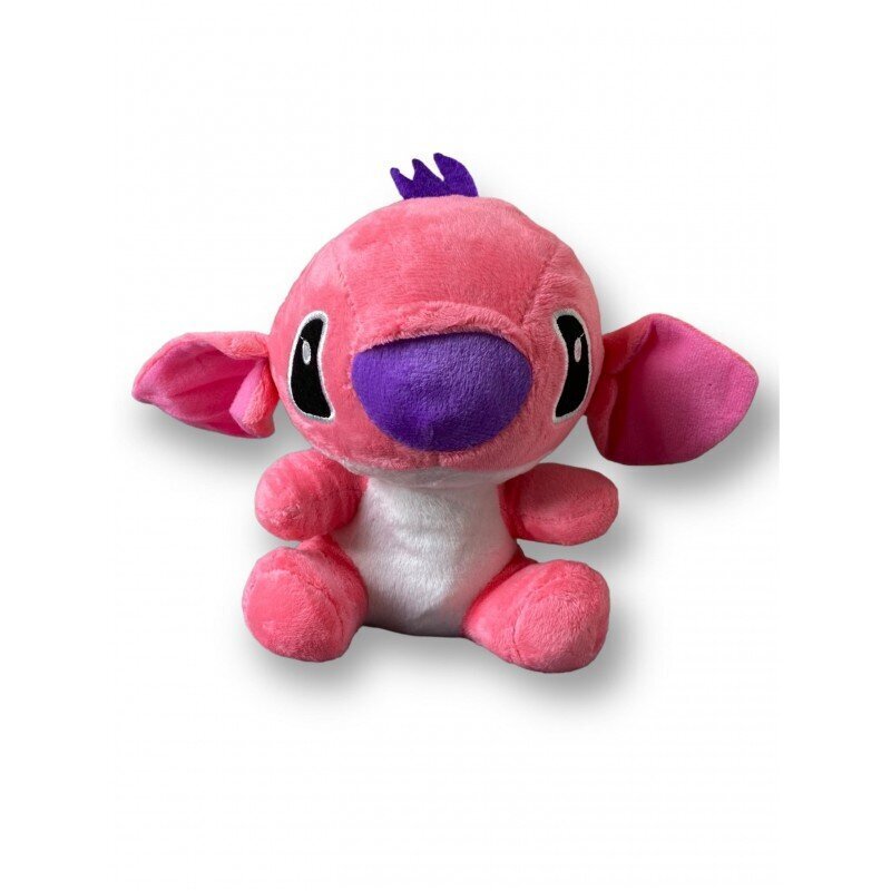Pink plush toy with a purple nose on a white background