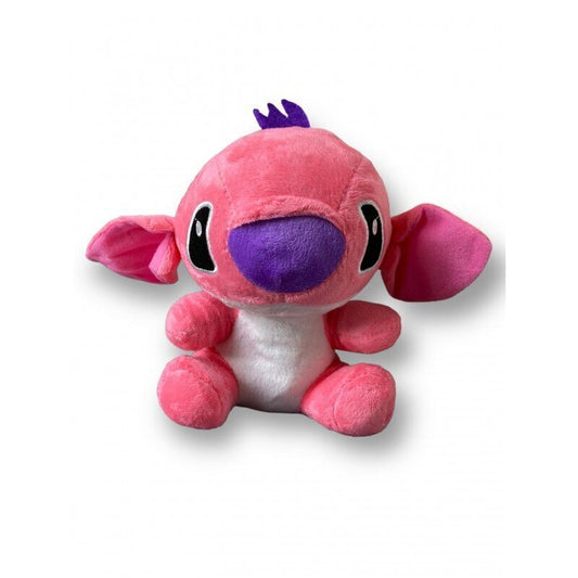 Pink plush toy with a purple nose on a white background