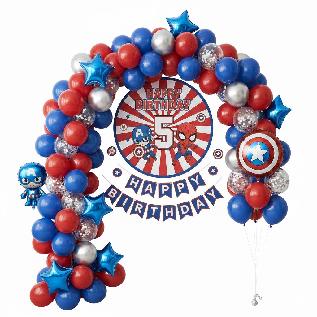 Balloon arch with superhero theme and 'Happy Birthday' sign 